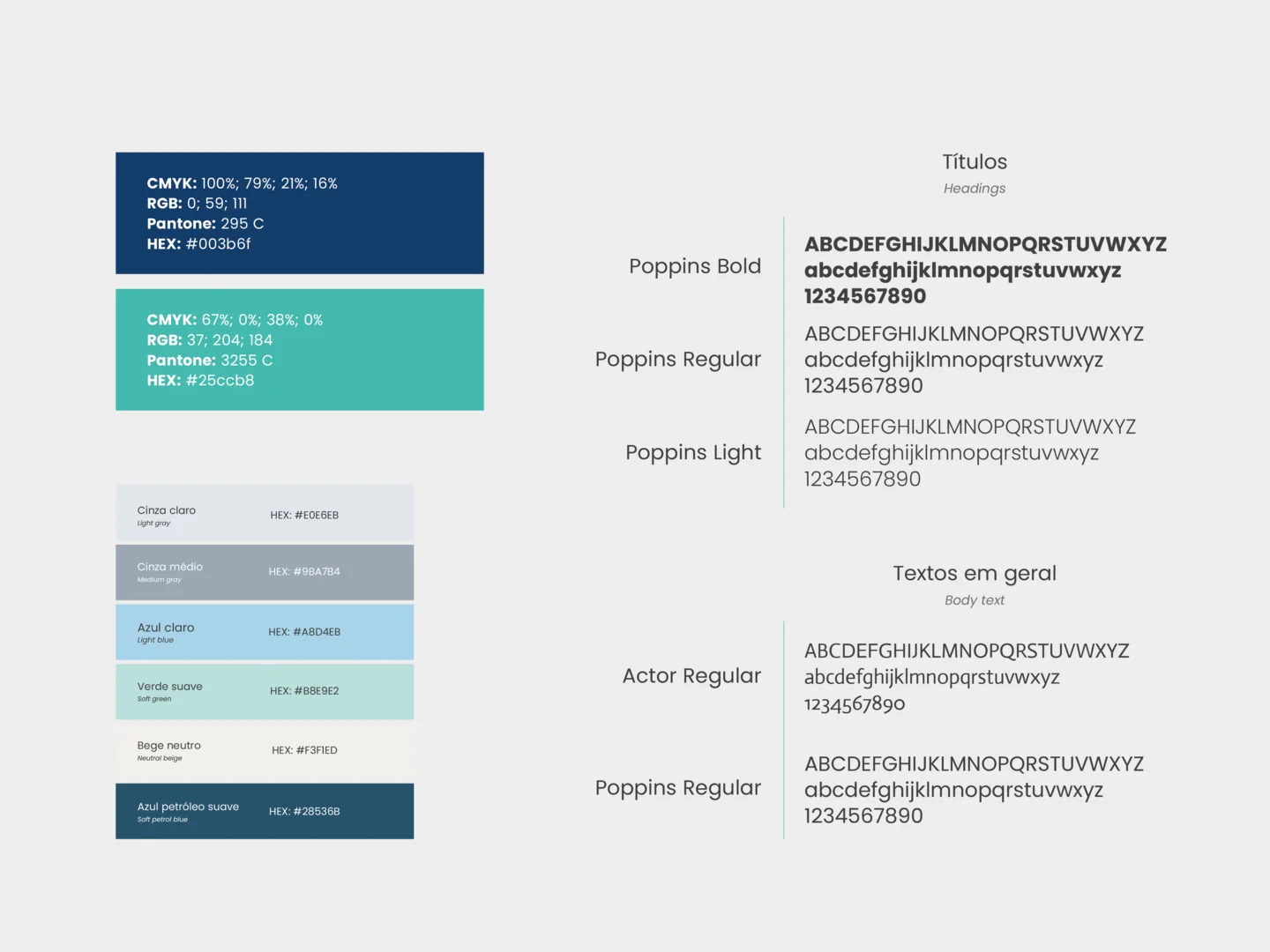 Especificação de cor e tipografia da nova identidade: o azul profundo e o verde-turquesa com seus códigos, a paleta auxiliar e os pesos tipográficos usados em títulos e textos.