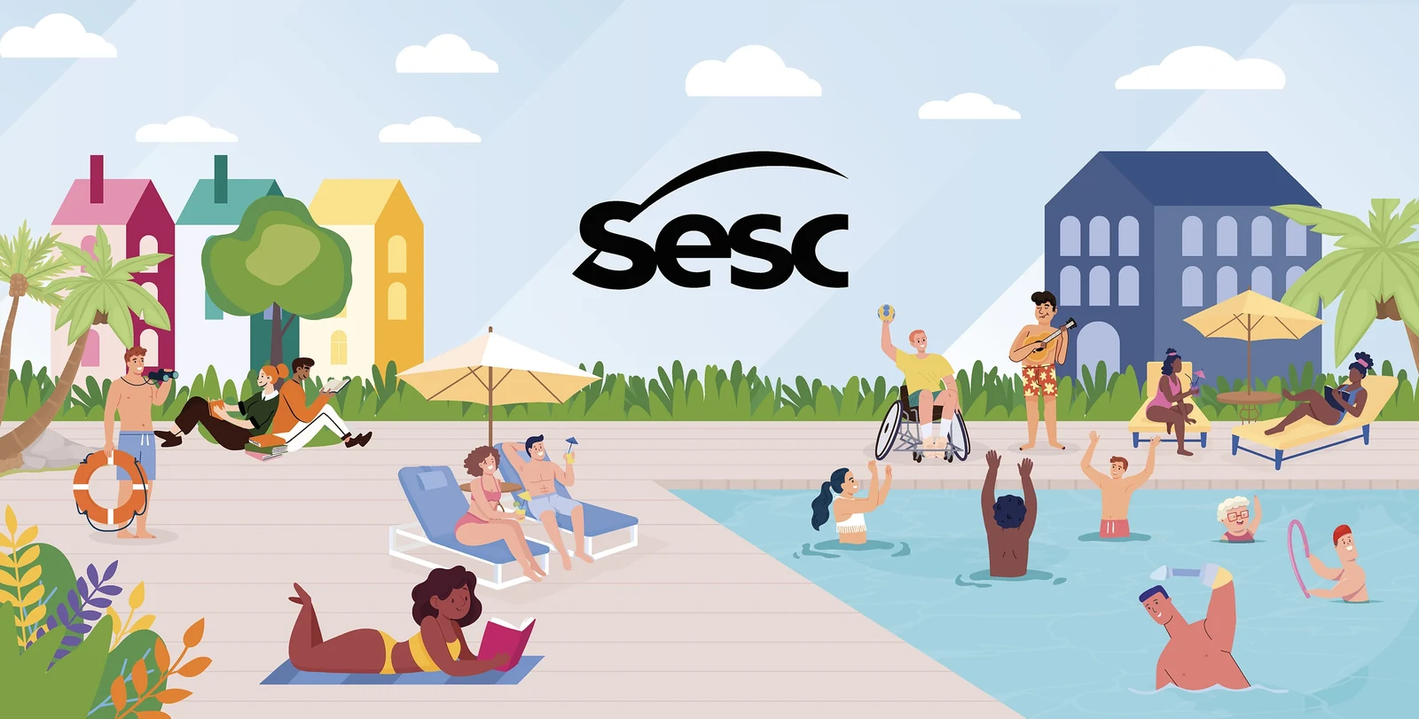 Arte da área de lazer: uma piscina e um deque onde pessoas nadam, tomam sol, leem e conversam, entre elas uma pessoa em cadeira de rodas com os braços erguidos.