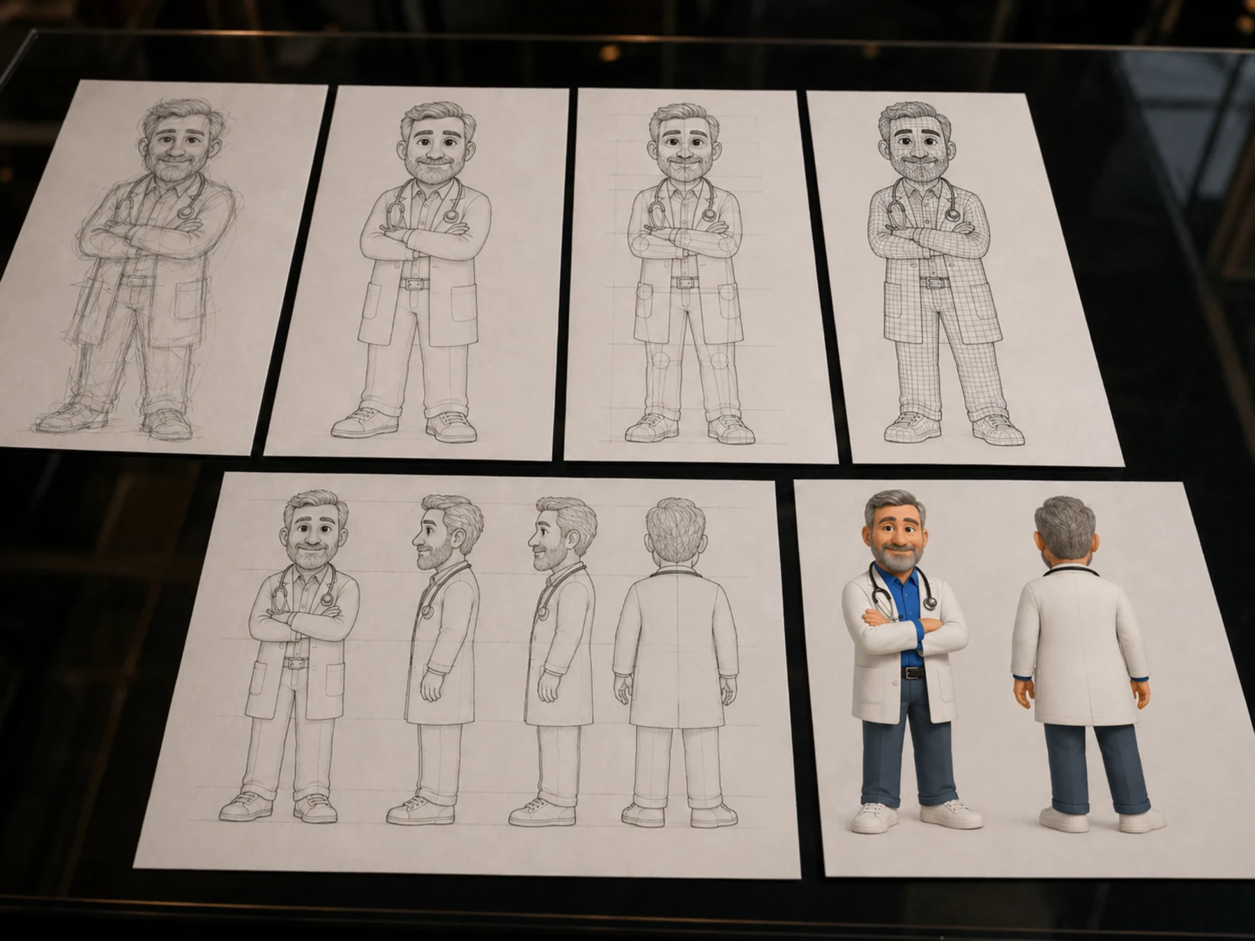 Pranchas de estudo do personagem sobre a bancada: desenhos de rosto, corpo e proporções em diferentes ângulos.
