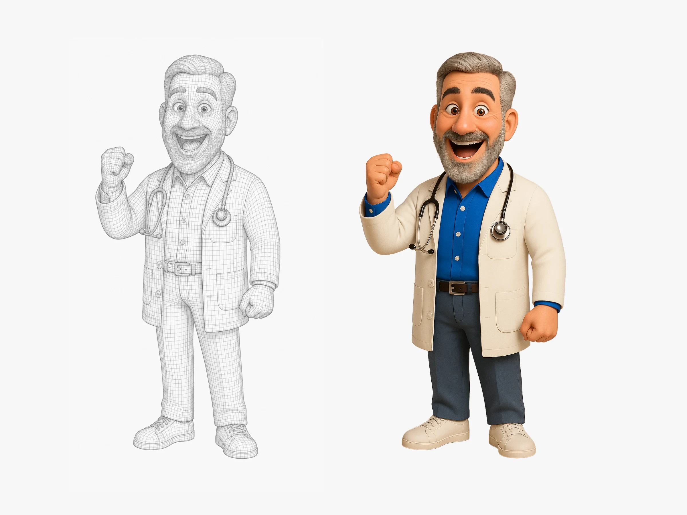 A malha construtiva do Dr. Zuki ao lado do personagem acabado, na mesma pose: à esquerda a estrutura em linhas, à direita o volume finalizado.