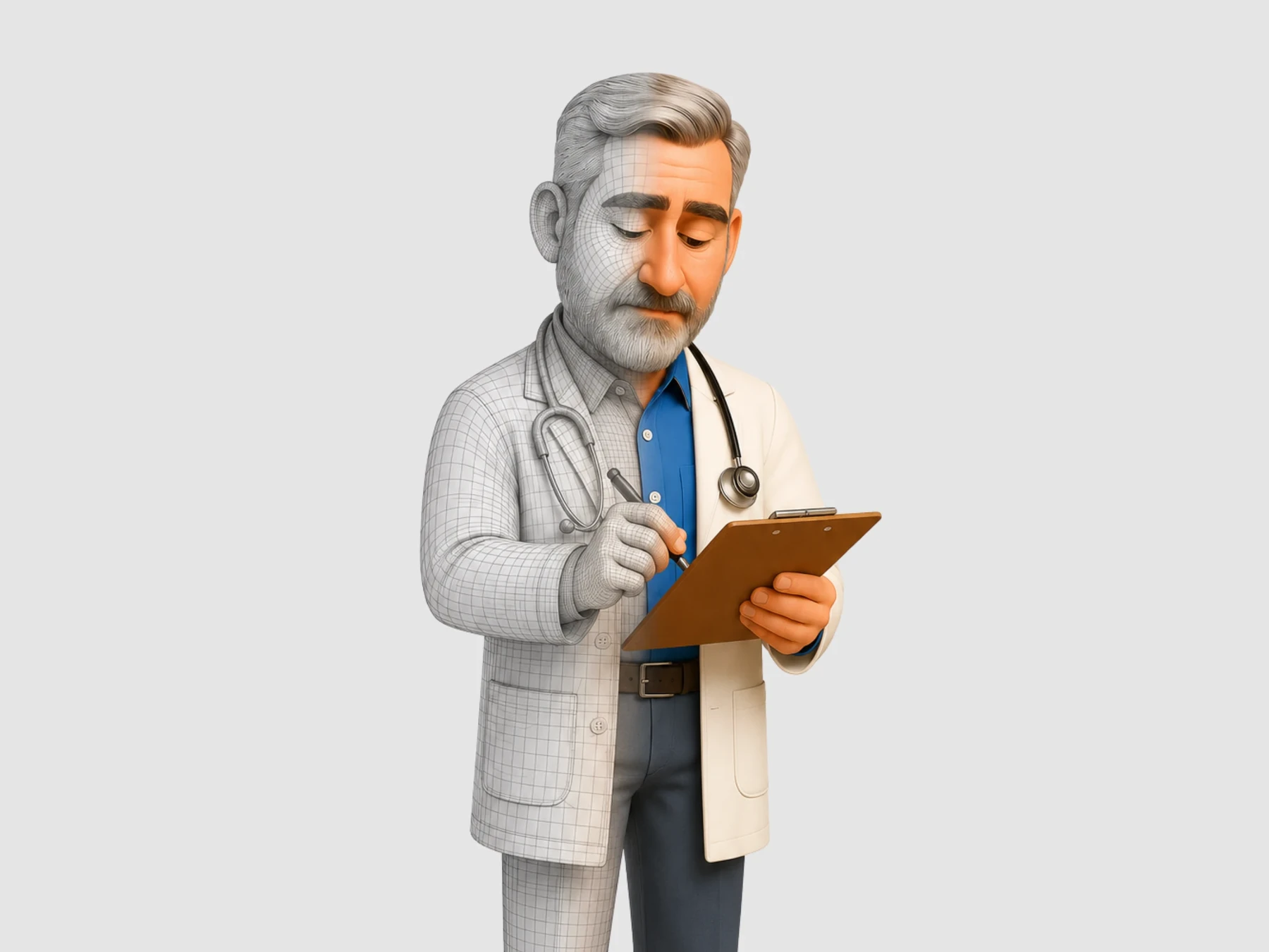 O personagem em transição: metade ainda em estrutura de linhas, metade já com volume, textura e cor.