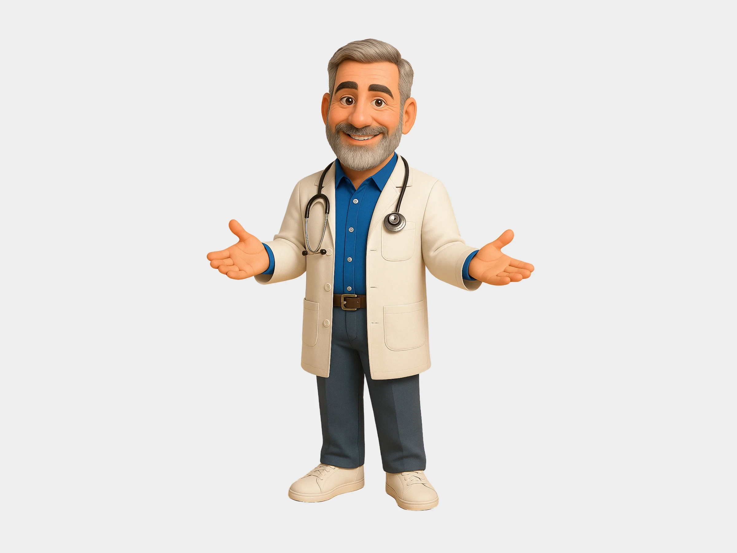 O Dr. Zuki de braços abertos, em pose de acolhimento, com jaleco branco, camisa azul e estetoscópio.