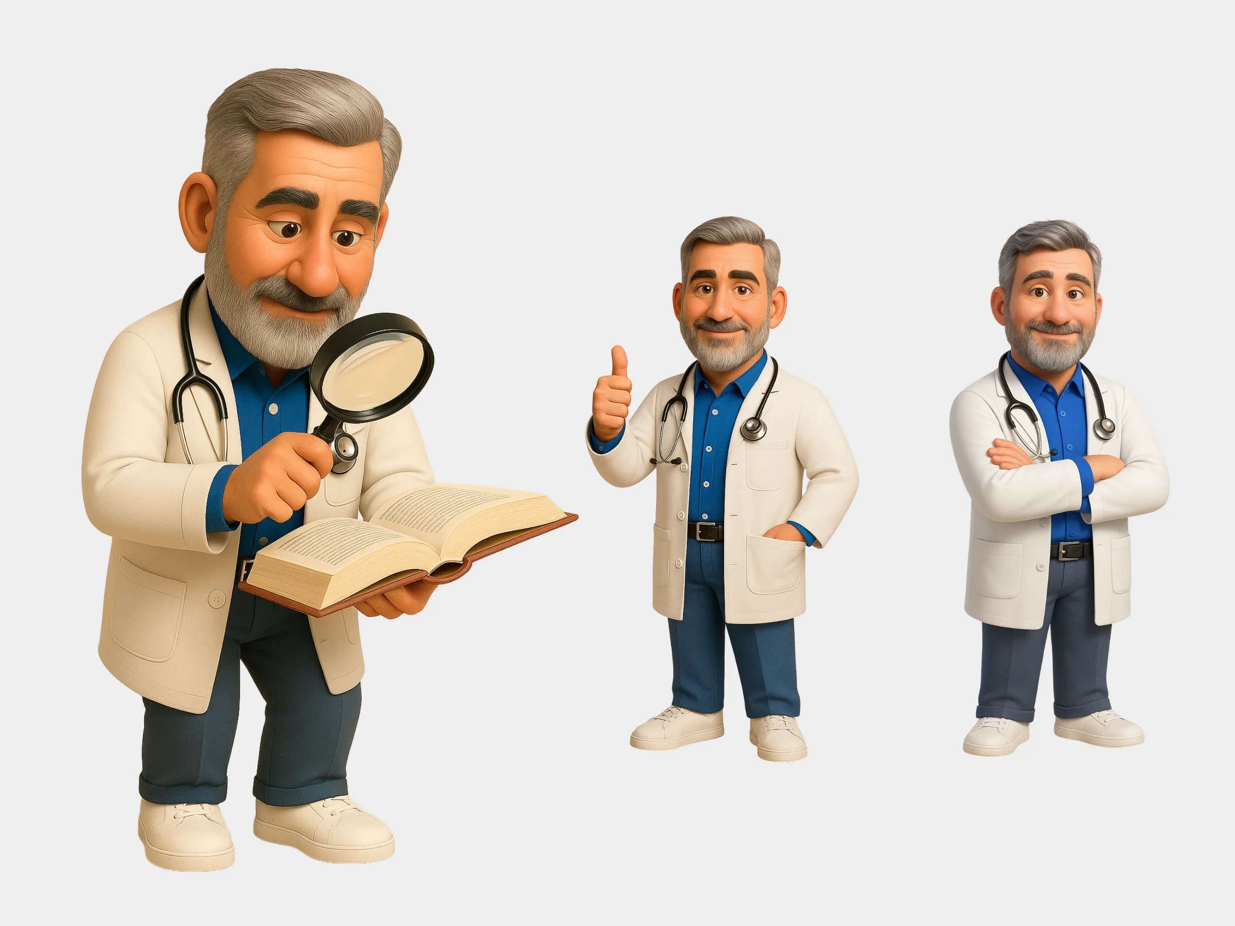 Três poses do sistema: o Dr. Zuki com lupa e livro, com o polegar erguido e de braços cruzados.