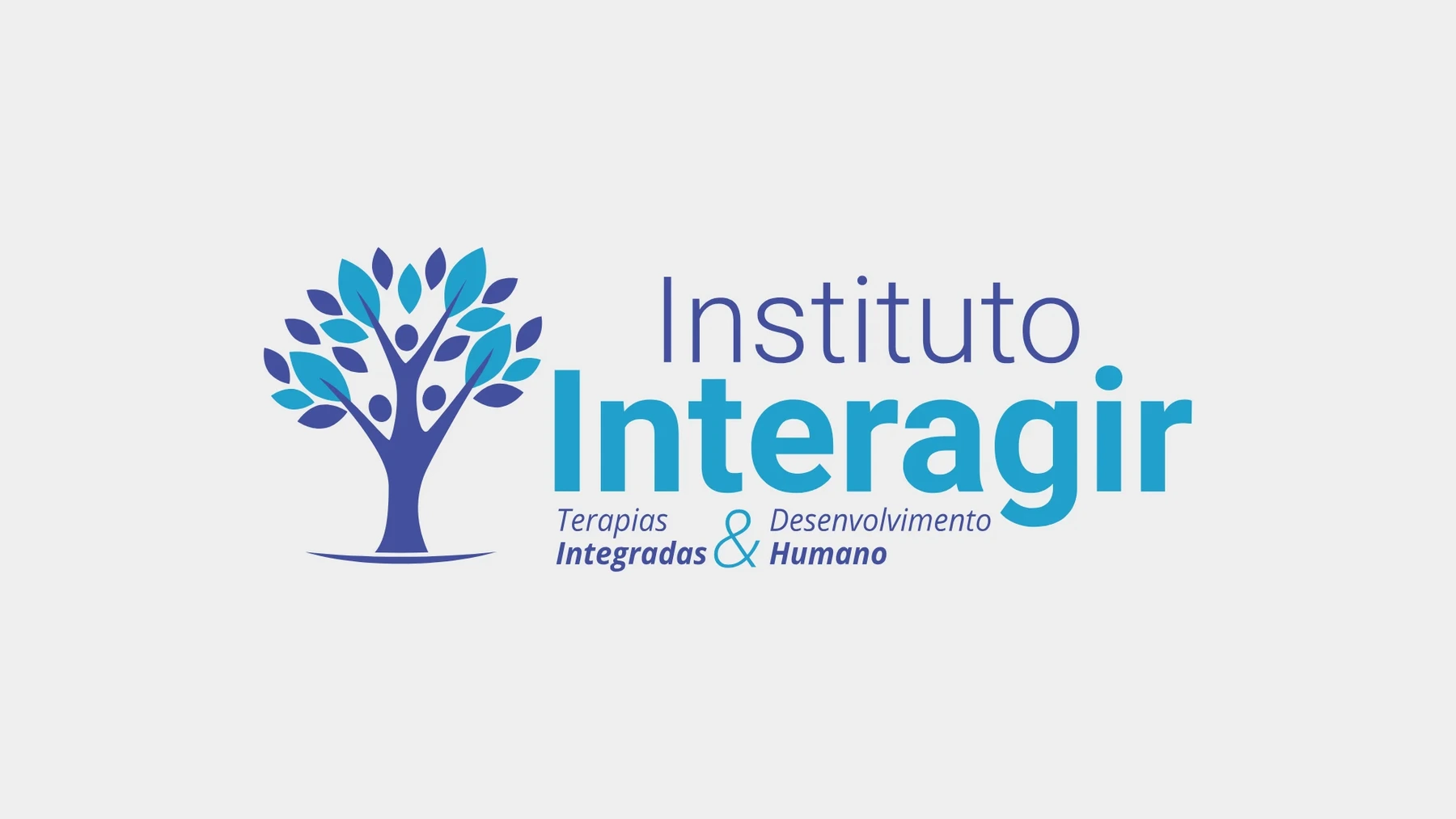 A marca do Instituto Interagir: o símbolo da árvore ao lado do nome e do descritor “Terapias Integradas & Desenvolvimento Humano”, em azul índigo e ciano.