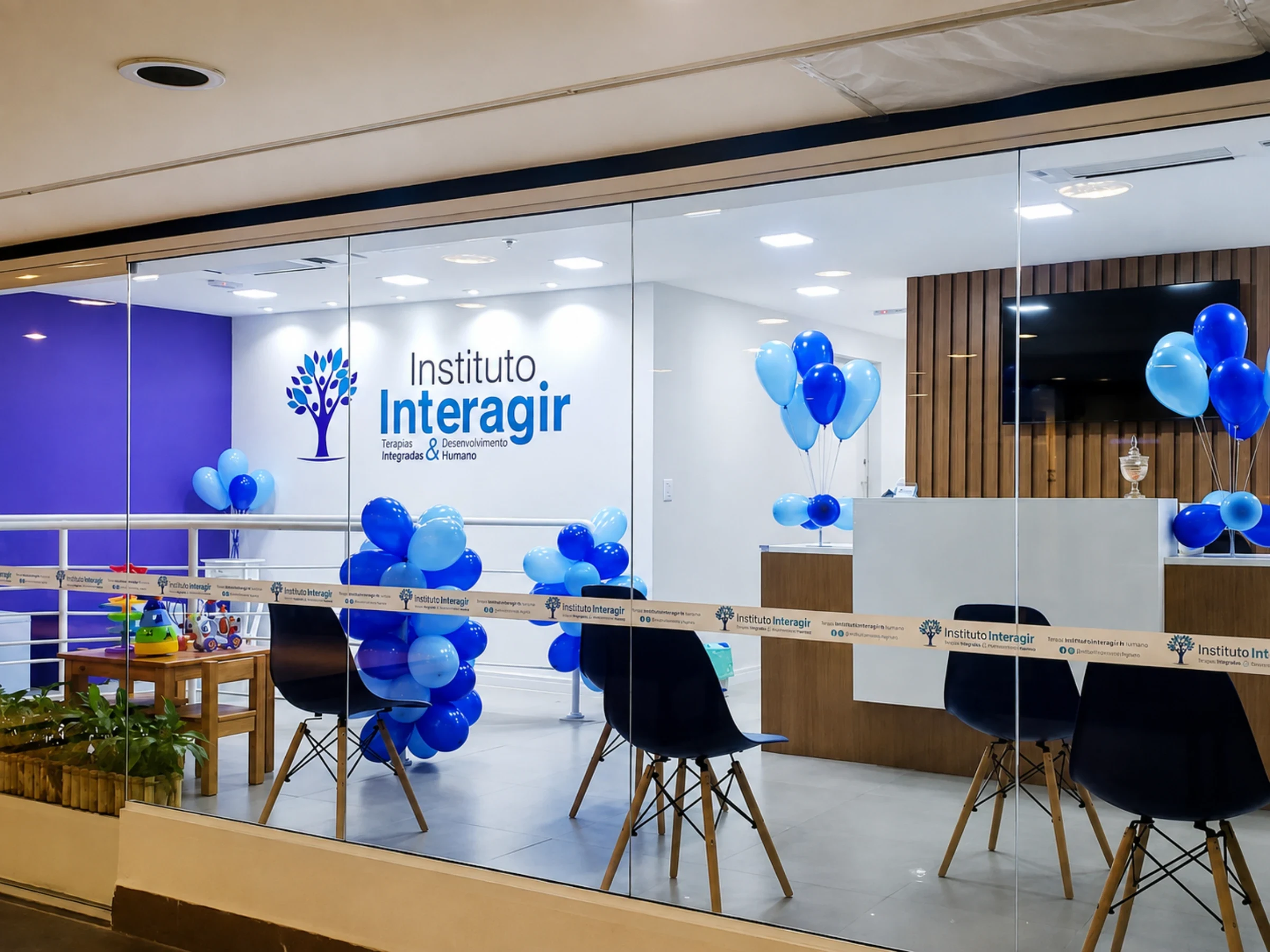 A unidade do Instituto Interagir vista de fora: a marca aplicada aos vidros da recepção, com o ambiente de espera visível através deles.