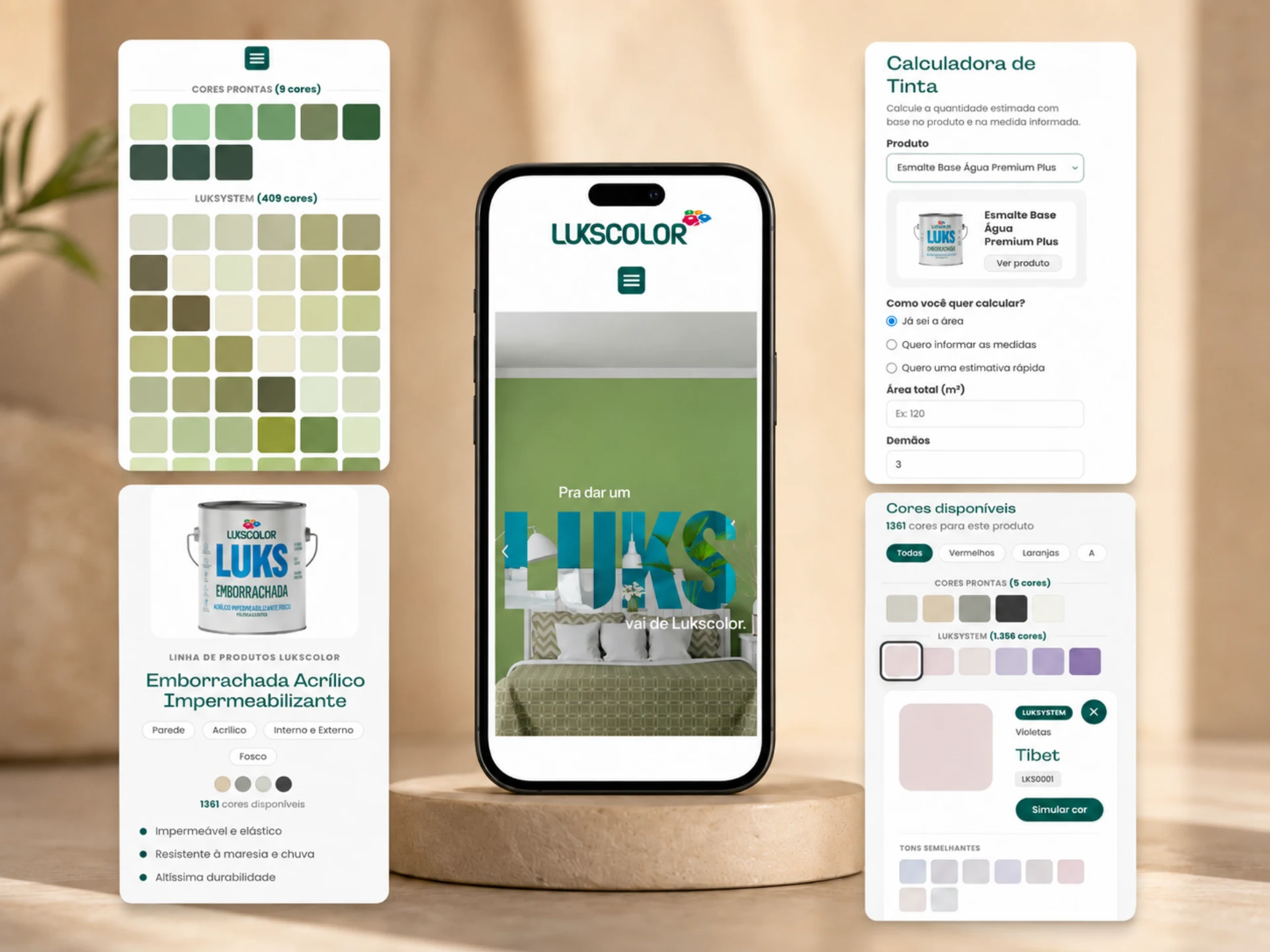 Composição da experiência mobile da Lukscolor: um celular exibindo a página inicial, cercado por telas da grade de cores, da página de produto, da calculadora de tinta e do painel de cores disponíveis.