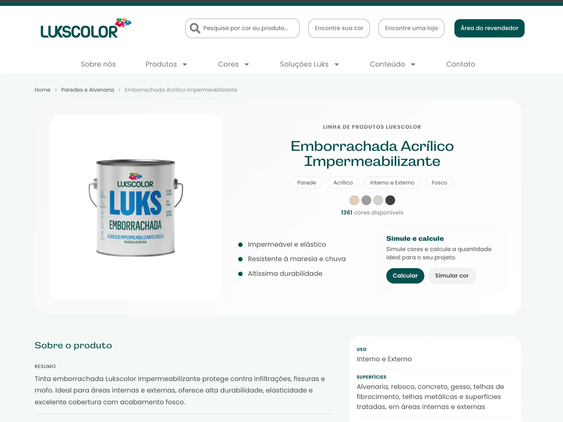 Página de produto do site da Lukscolor para a tinta Emborrachada Acrílico Impermeabilizante: lata do produto, etiquetas de uso e acabamento, atalhos para calcular e simular a cor, e o bloco “Sobre o produto” com resumo, uso e superfícies recomendadas.
