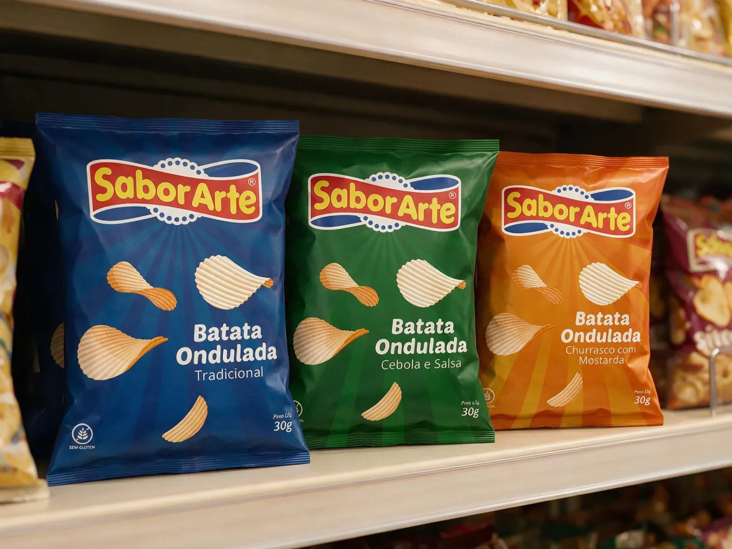 Os três sabores da linha Batata Ondulada expostos lado a lado na prateleira de um supermercado, entre outros produtos da categoria.
