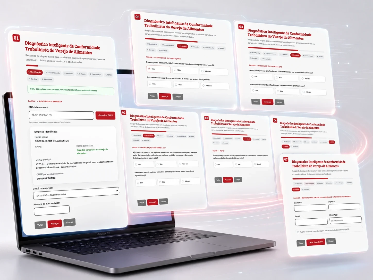 As telas das etapas do diagnóstico dispostas em leque ao redor do notebook, numeradas de 01 a 07.