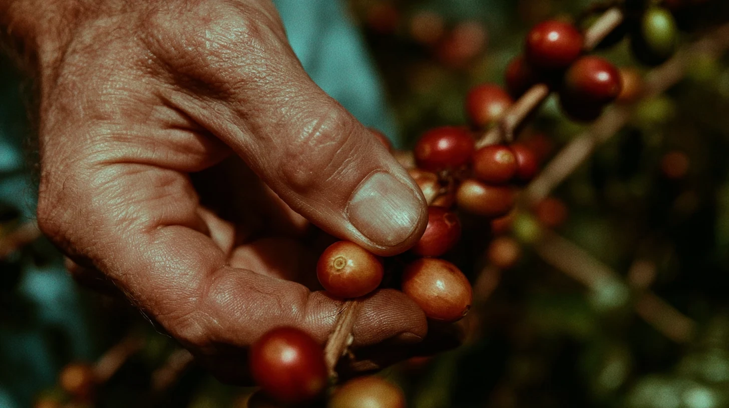 Frame do filme: mãos colhendo frutos maduros no pé, em primeiro plano.