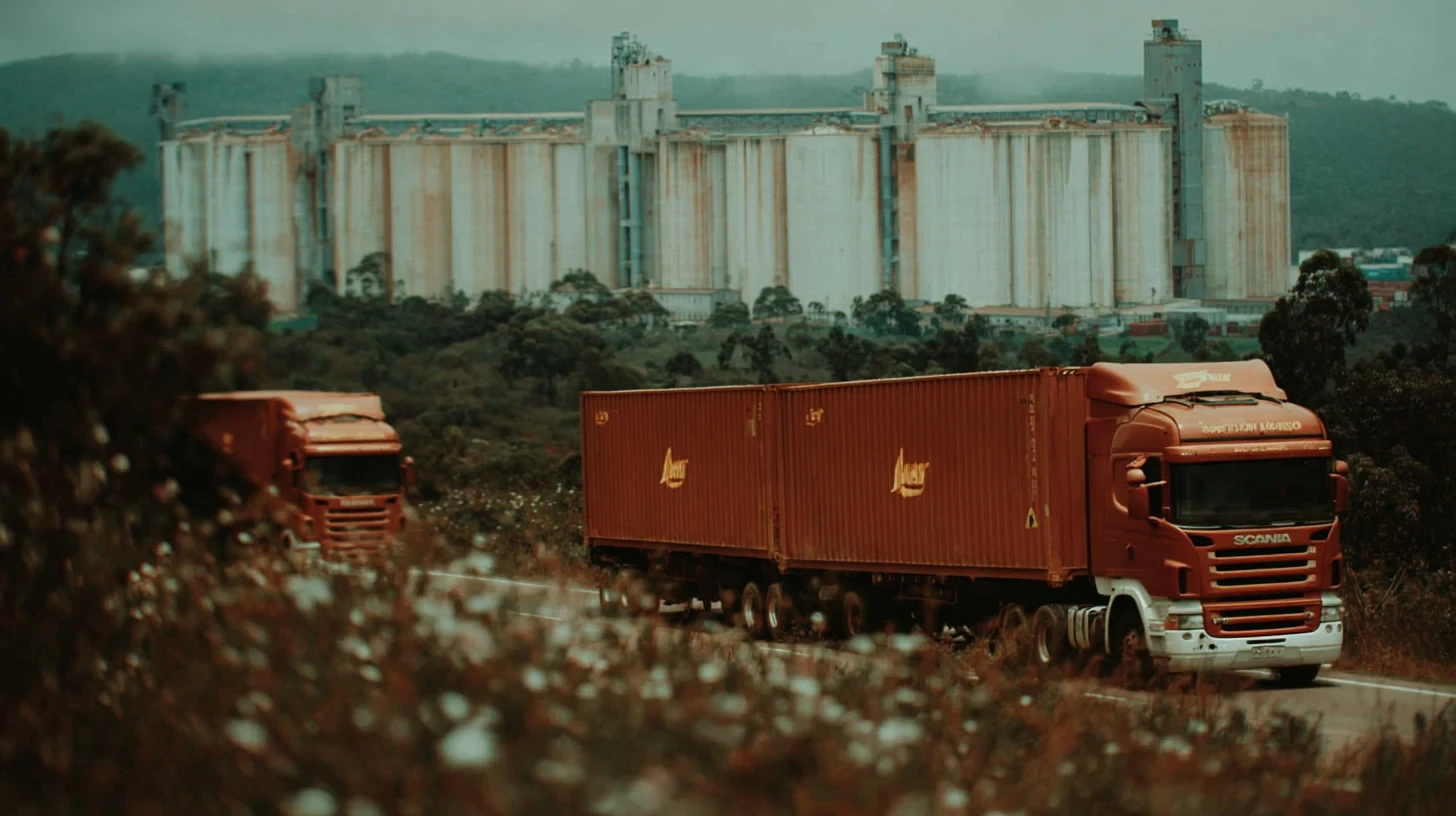 Frame do filme: carretas em deslocamento na estrada, com a silhueta dos silos de armazenagem ao fundo.