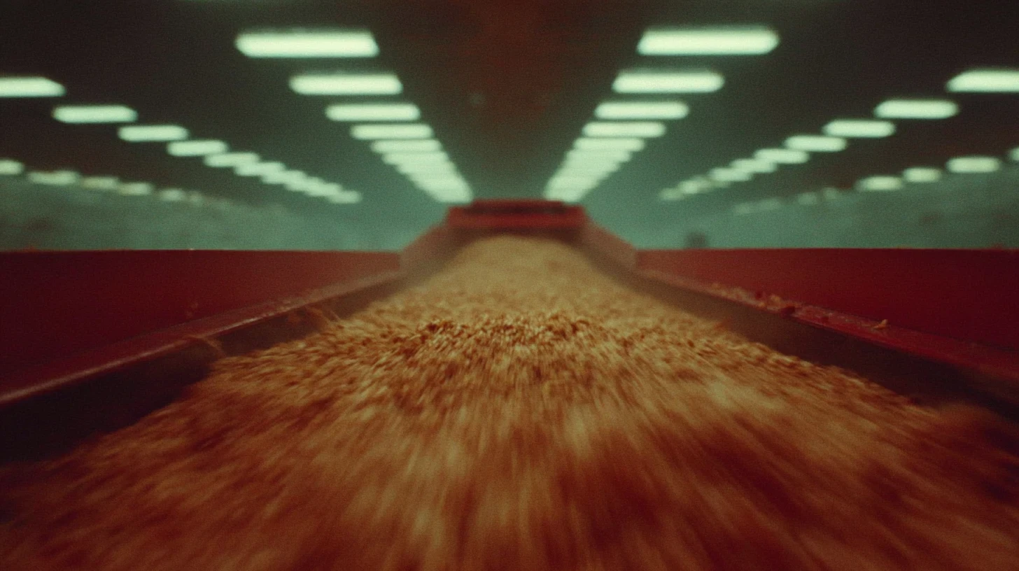 Frame do filme: grãos em movimento dentro da estrutura industrial, na etapa de processamento.
