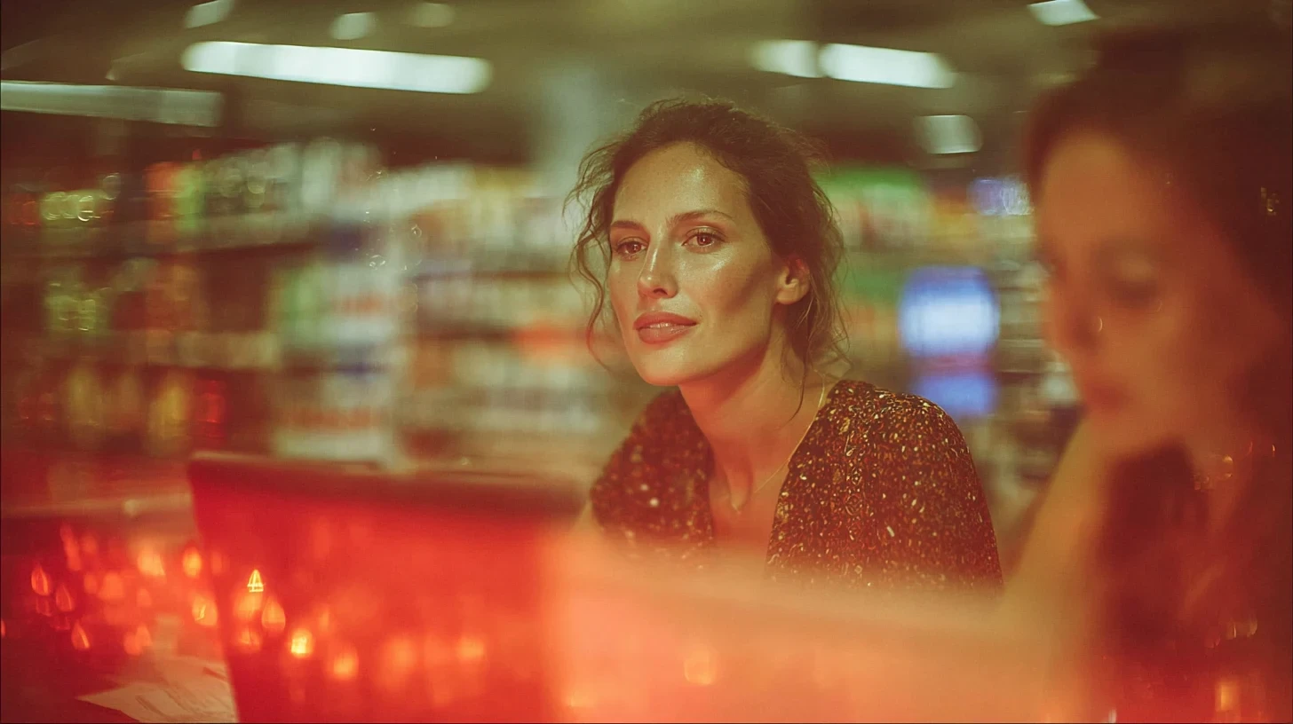 Frame do filme: o interior do supermercado, com uma cliente diante das gôndolas iluminadas.