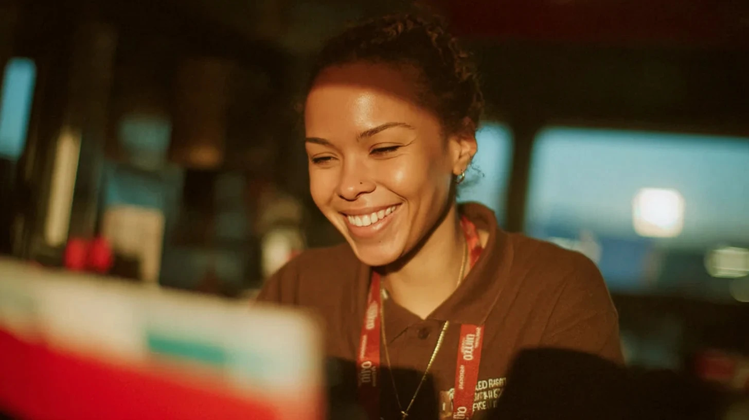 Frame do filme: uma profissional do varejo sorrindo no ambiente de trabalho.