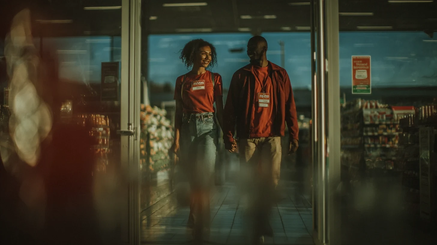 Frame final do filme: duas pessoas caminhando juntas pelo supermercado, na entrada iluminada.