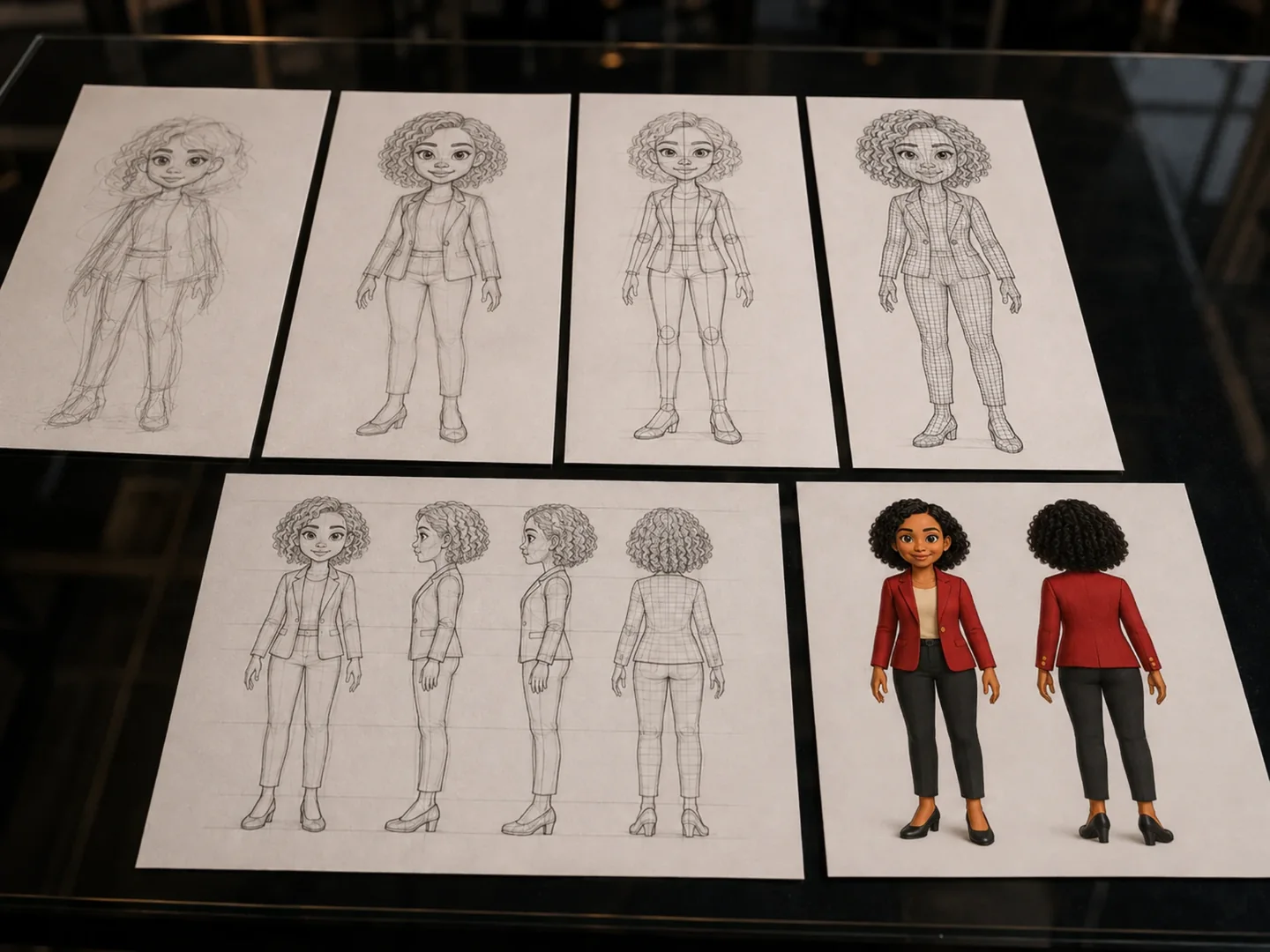 Folhas impressas sobre uma mesa escura com os estudos da personagem: esboços a lápis em várias etapas, a folha de vistas e, ao final, a versão colorida de frente e de costas.