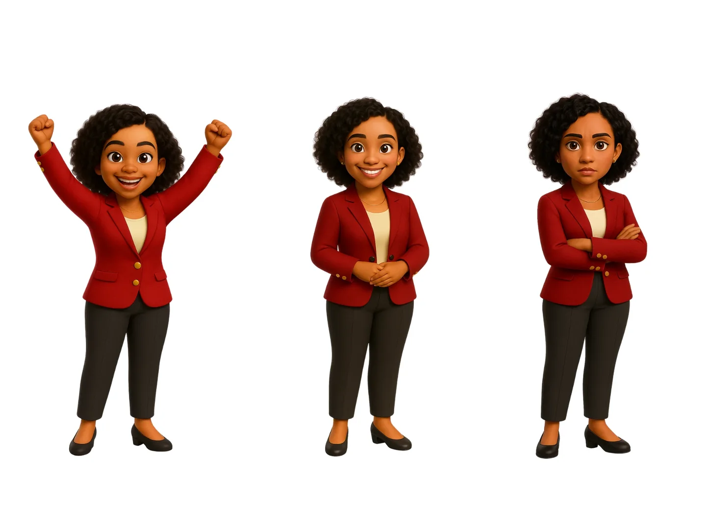 Três variações da personagem: com os braços erguidos em comemoração, em pose neutra com as mãos à frente e de braços cruzados com expressão séria.