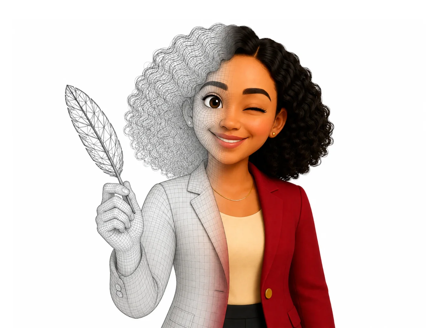 Close do rosto da Sindi dividido ao meio: metade em wireframe, metade na versão final, segurando uma pena que também aparece nas duas etapas.