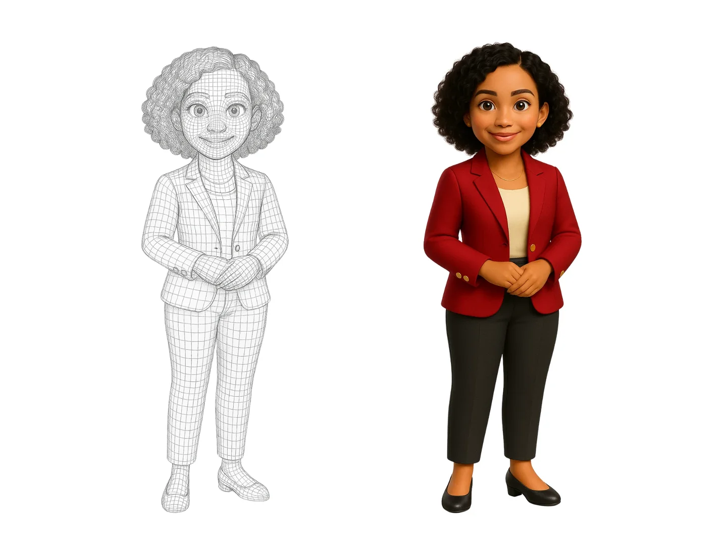A personagem lado a lado em duas etapas: à esquerda a malha em wireframe, à direita a versão final colorida, na mesma pose.