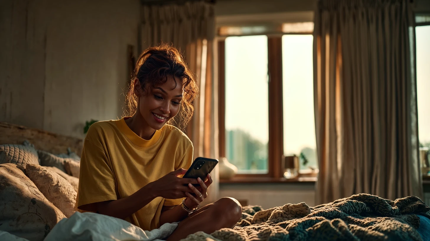 Frame do filme: a protagonista sorri ao ver no celular a possibilidade de uma entrevista.