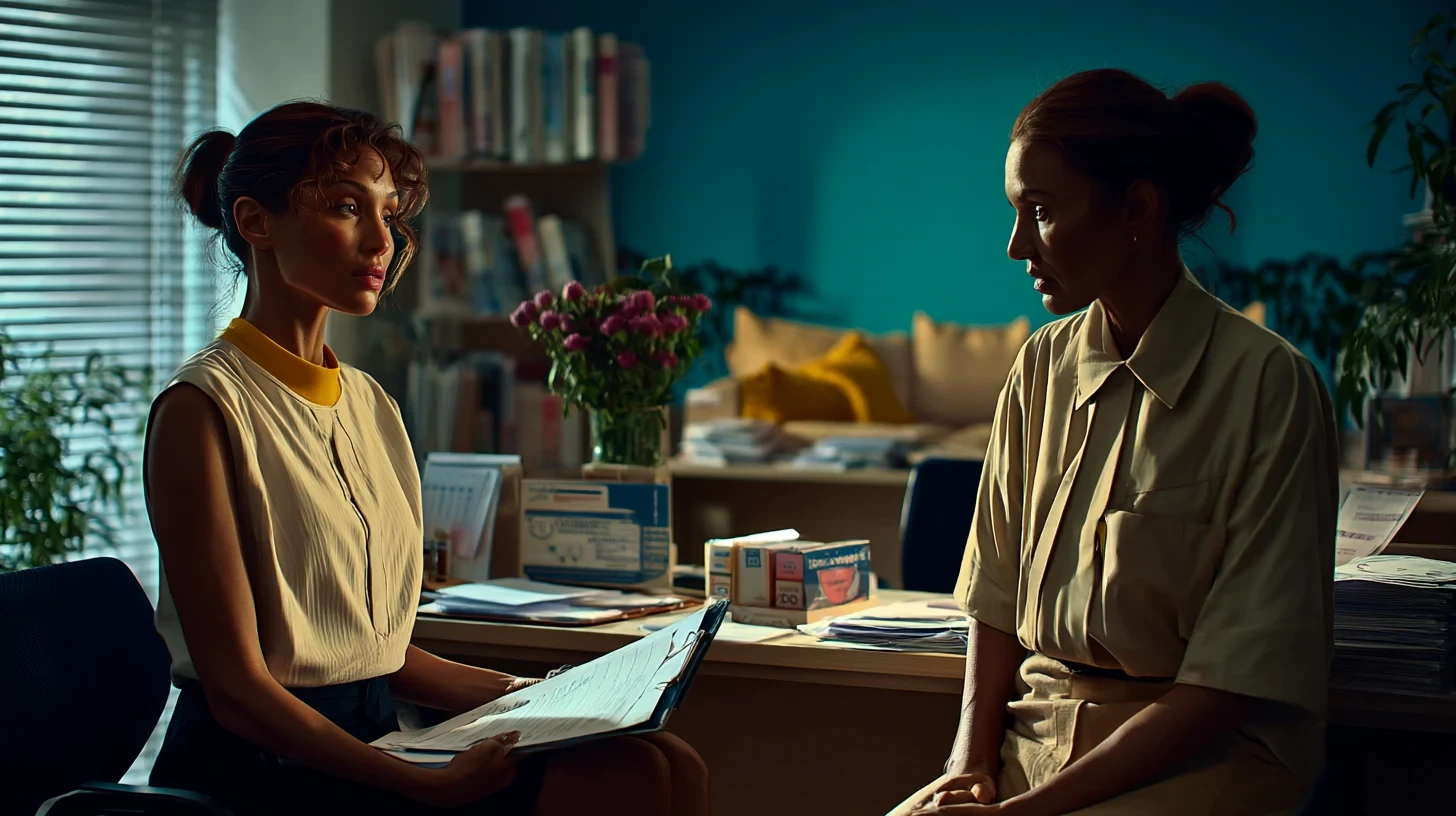 Frame do filme: a entrevista de emprego, a protagonista diante da recrutadora.