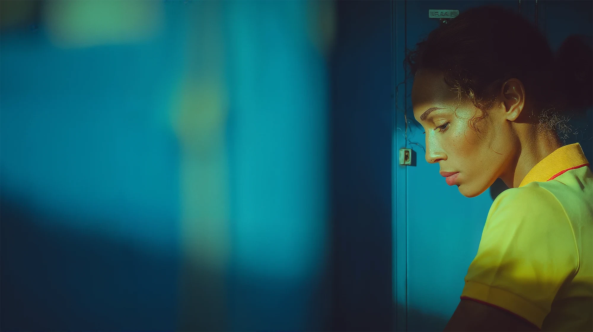 Frame do filme: a protagonista no vestiário da empresa, já com o uniforme, na transição para a nova rotina.