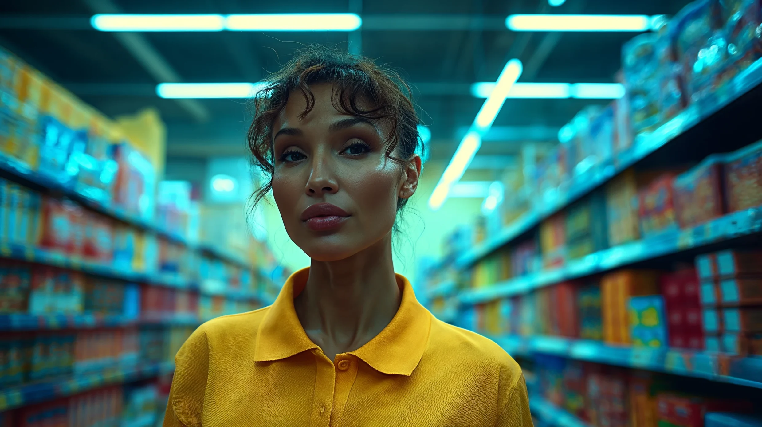 Frame final do filme: a protagonista trabalhando no supermercado, de uniforme, entre as gôndolas.