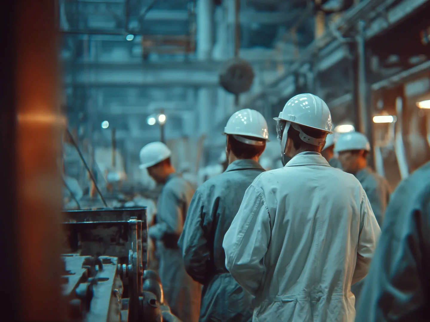 Trabalhadores com capacete e equipamentos de proteção individual em um ambiente industrial organizado.