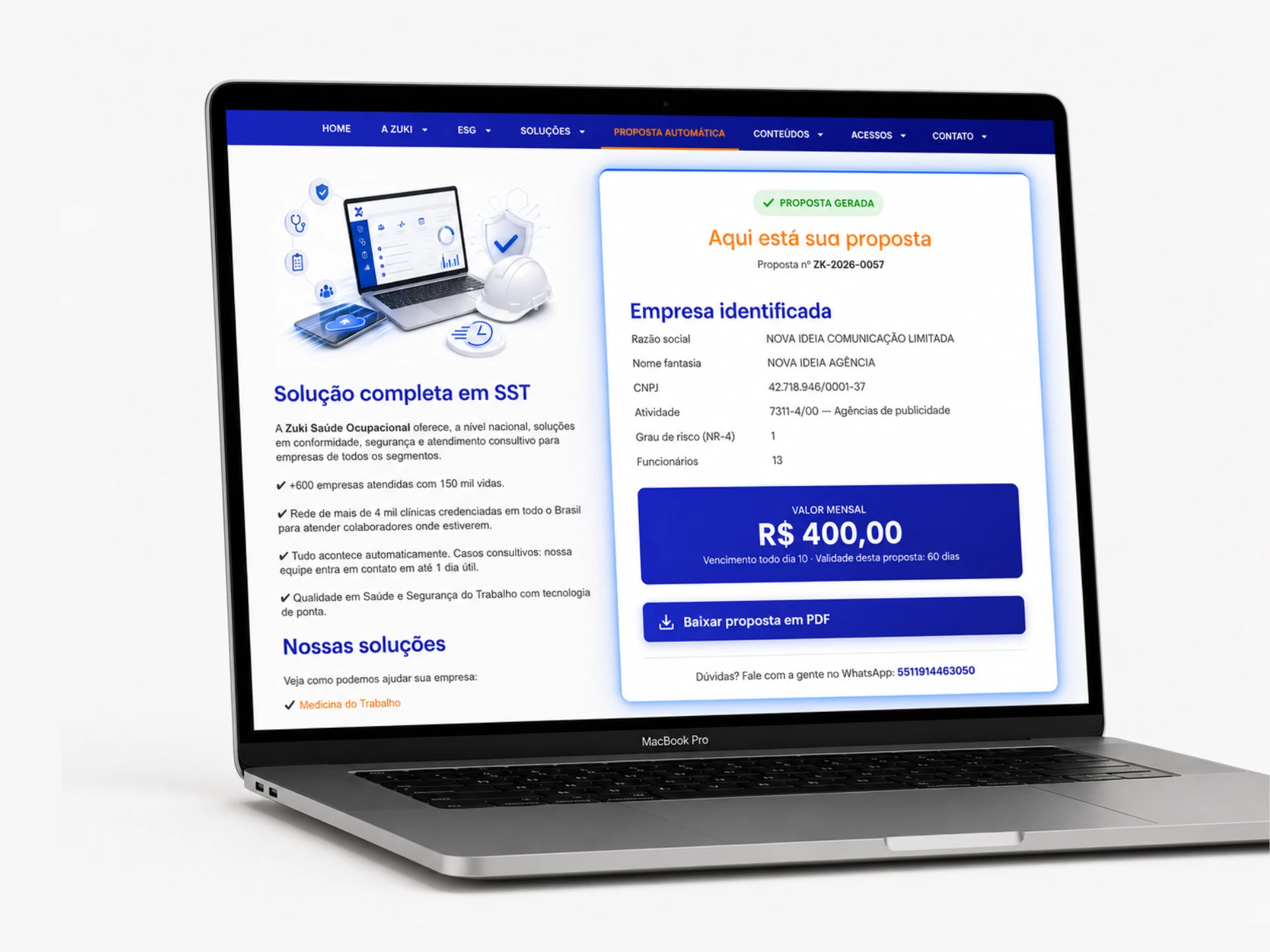 A proposta gerada na tela: empresa identificada, dados cadastrais, grau de risco, número de funcionários, valor mensal em destaque e o botão para baixar o PDF.